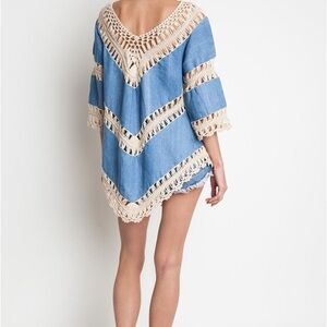 Umgee Women's  Denim Crochet Tunic Top, Light Blue, Size Small